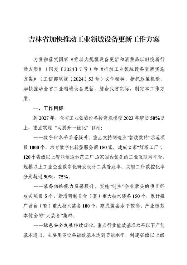《吉林省加快推动工业领域设备更新工作方案》发布-环保卫士