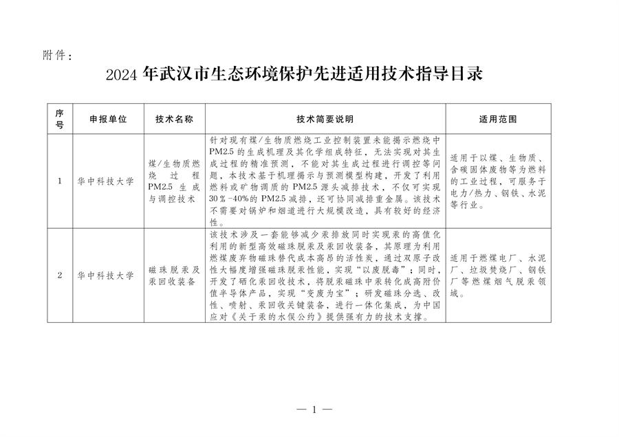 《2024年武汉市生态环境保护先进适用技术指导目录》公示-环保卫士