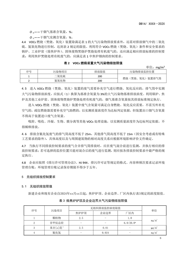 山西省地方标准《炼焦化学工业大气污染物排放标准》征求意见