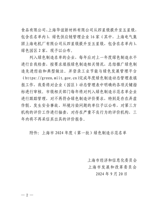 上海市公布2024年度（第一批）绿色制造示范名单